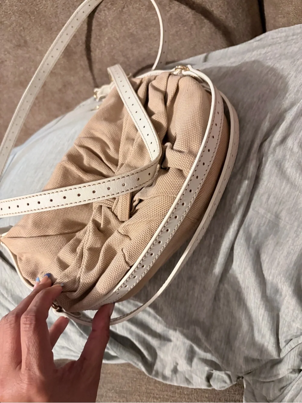 Fendi Beige Knot-Front Crossbody with White Strap